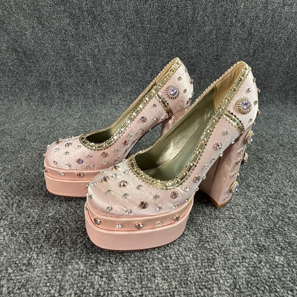 Azalea Wang Clea Satin Bejeweled Pink Platform Heels 9